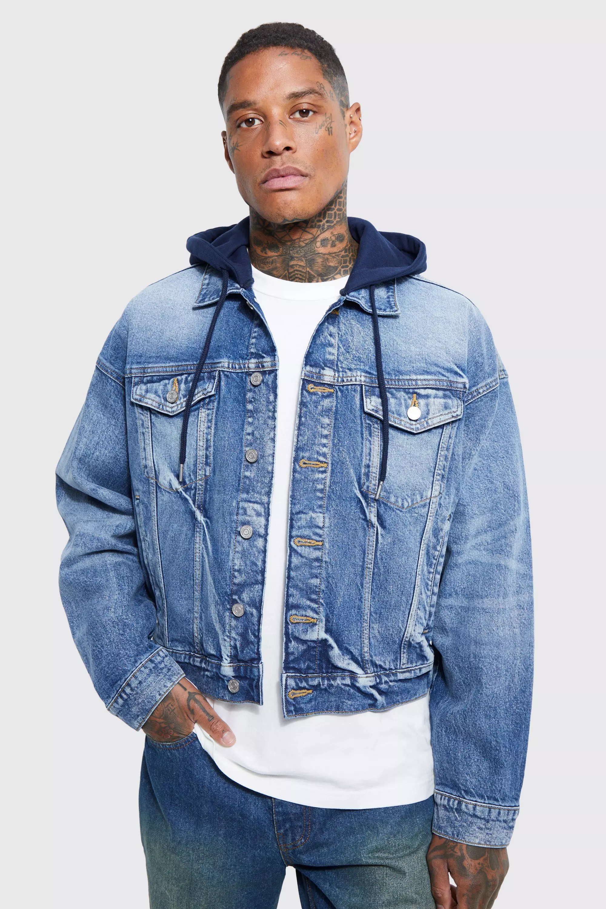 Denim jacket with jersey hood hotsell